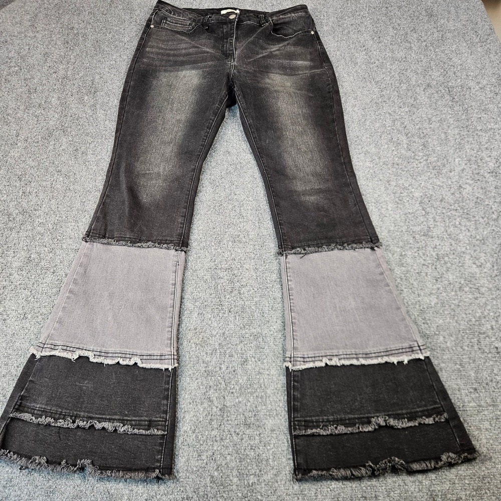 Luxe Moda Black Patchwork Flare Jeans Womens 12 Frayed Hem Wide Leg Retro Boho